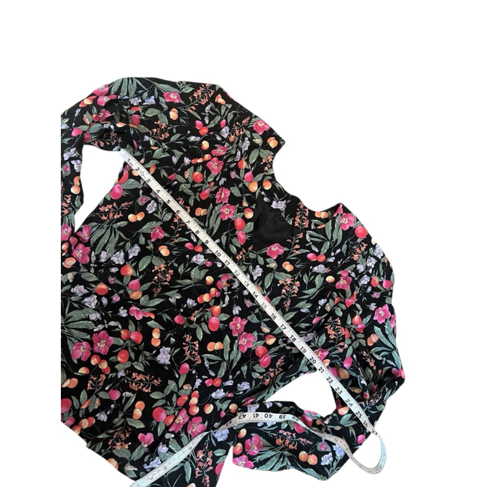 Vintage Black Floral Fruit Print Blouse Large Cottagecore Button Front Top - Picture 8 of 9
